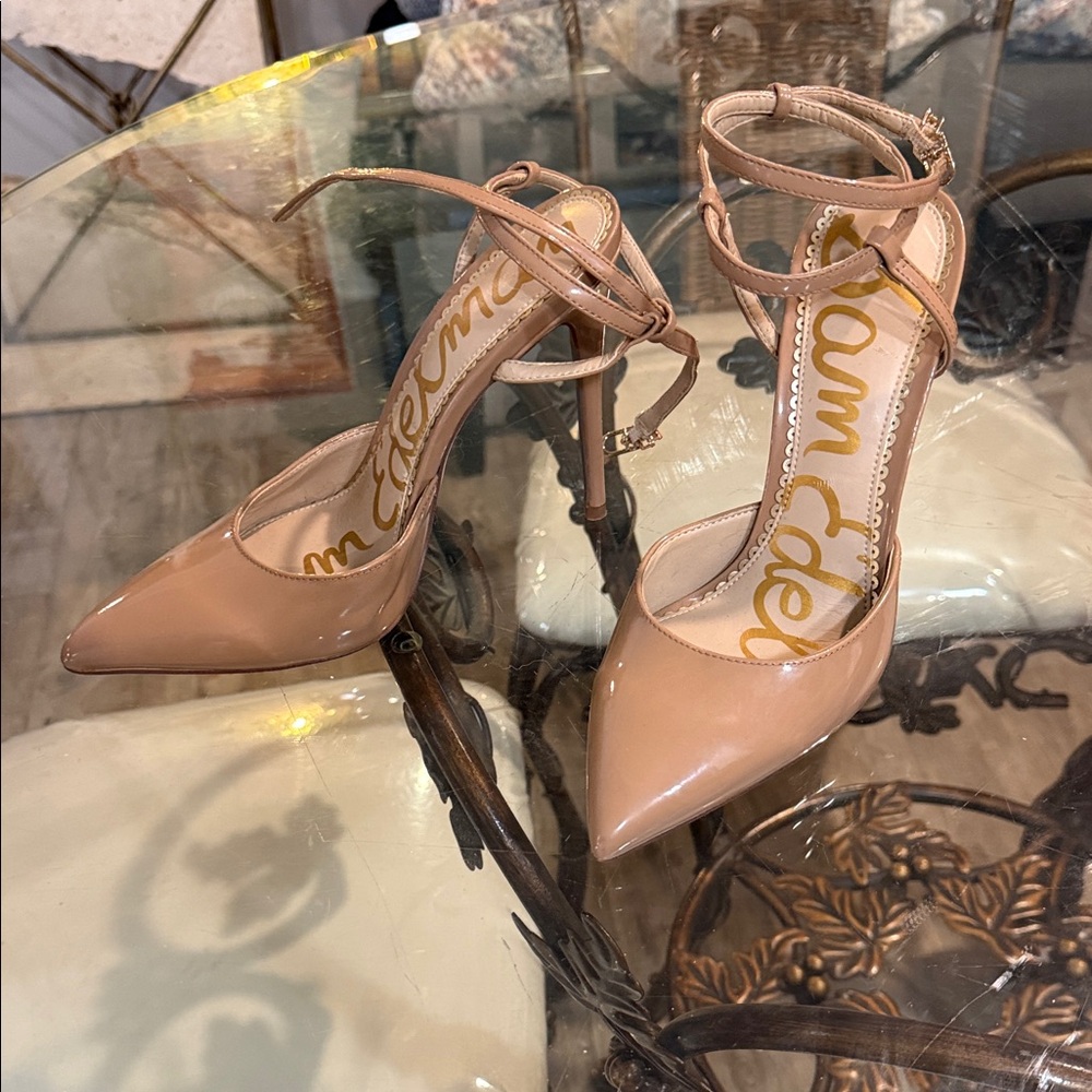 Sam Edelman Nude Patent Pointed-Toe Ankle-Strap Pumps